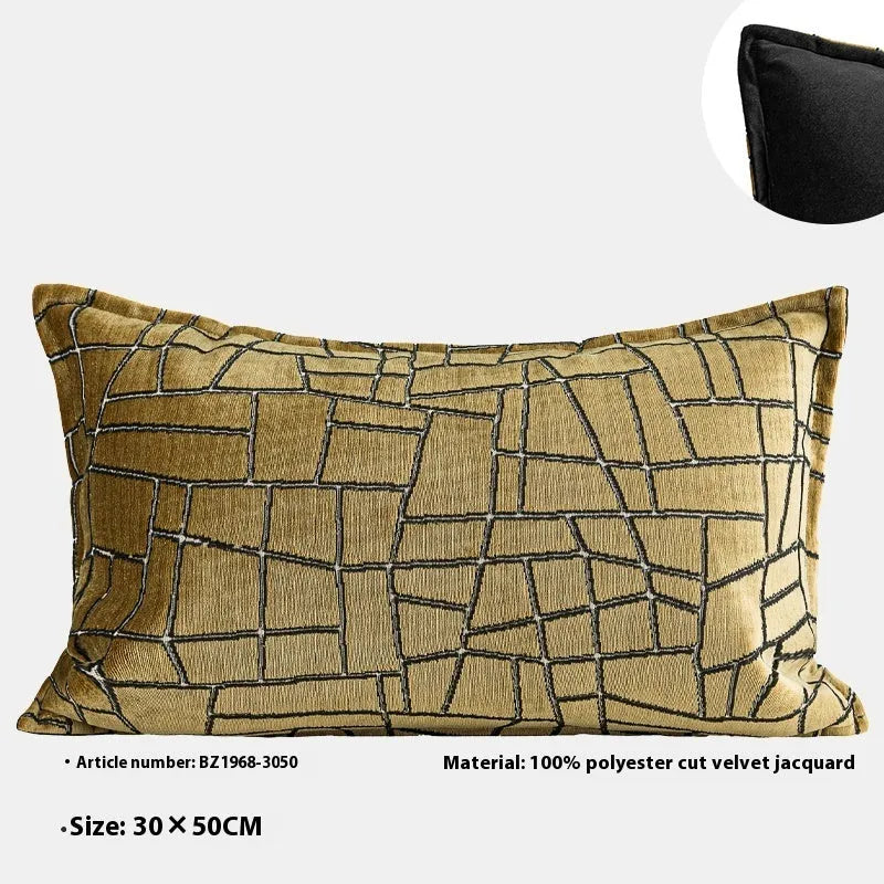 Local gold geometric abstract pattern on a square polyester cushion cover.