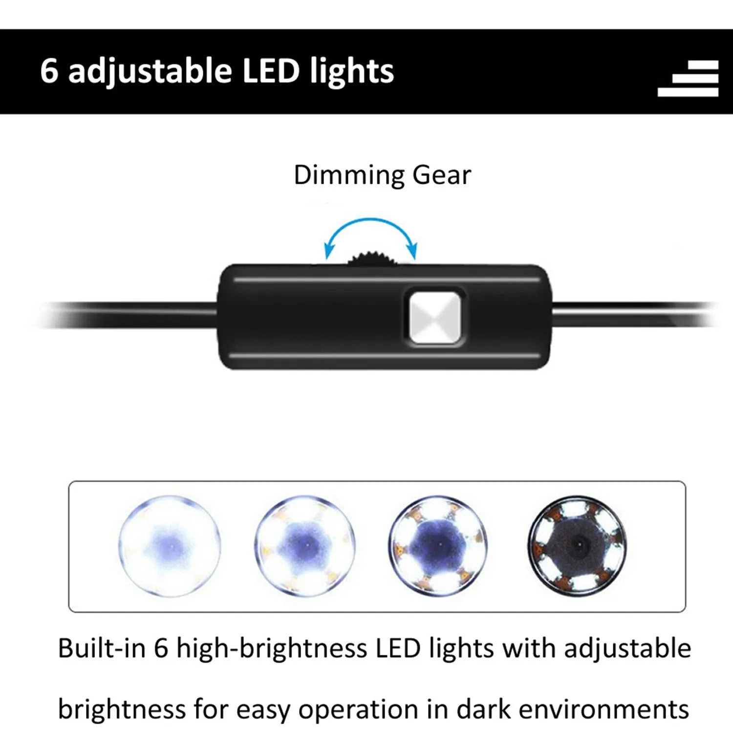 Android mobile phone endoscope with USB cable, waterproof IP67 camera head, and side mirror, hook, and magnet attachments.