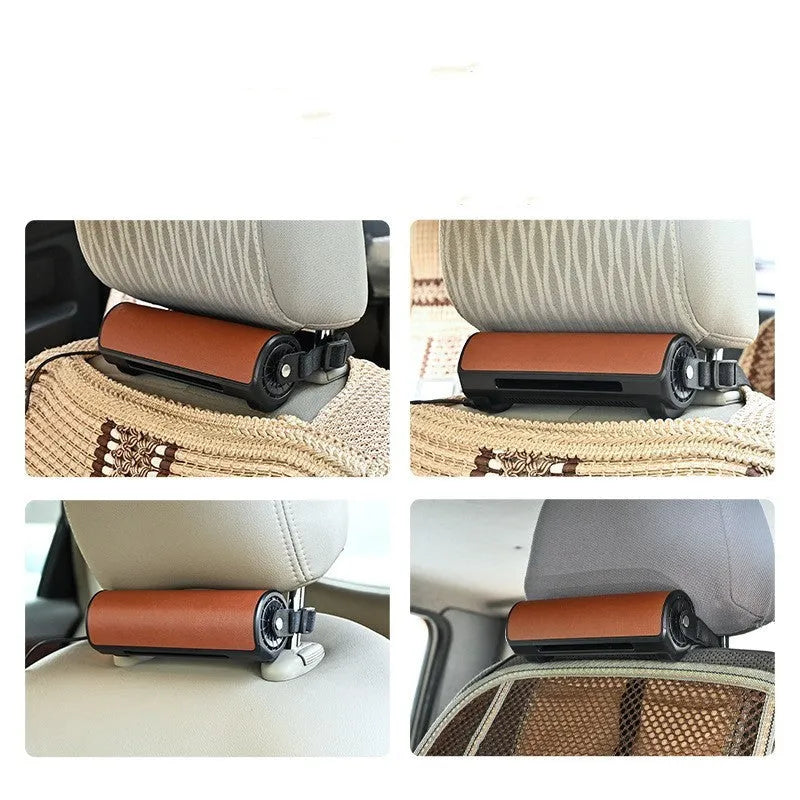 Black bladeless car ventilation fan with USB cable, showing compact size.