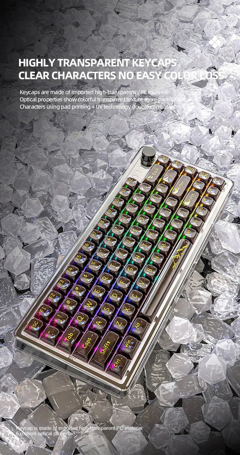Attack Shark K75RGB wireless mechanical keyboard with transparent black case showing RGB backlighting