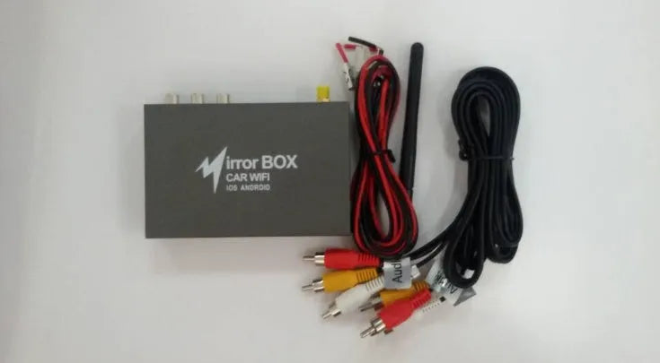 Black car mirror link box with Wi-Fi connectivity for smartphone screen mirroring to car audio systems