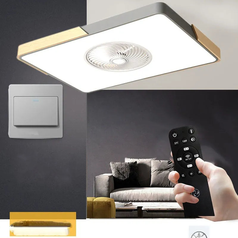 Nordic ceiling fan and light combination fixture with solid wood base in rectangular, round, or square options