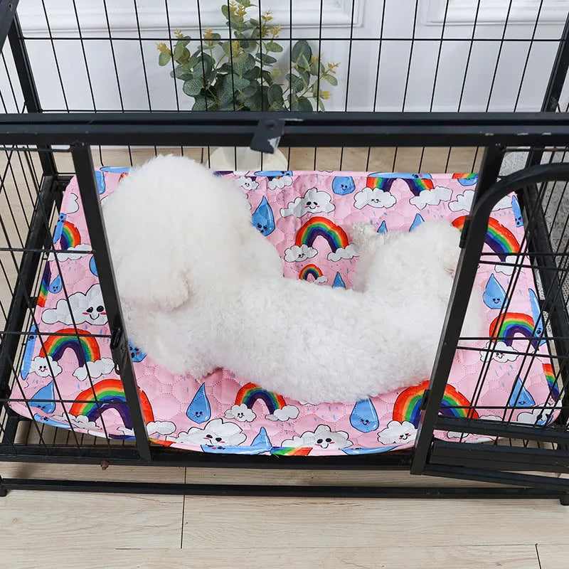 Reusable washable pet urine pad with colourful animal print design on cloth with waterproof base.
