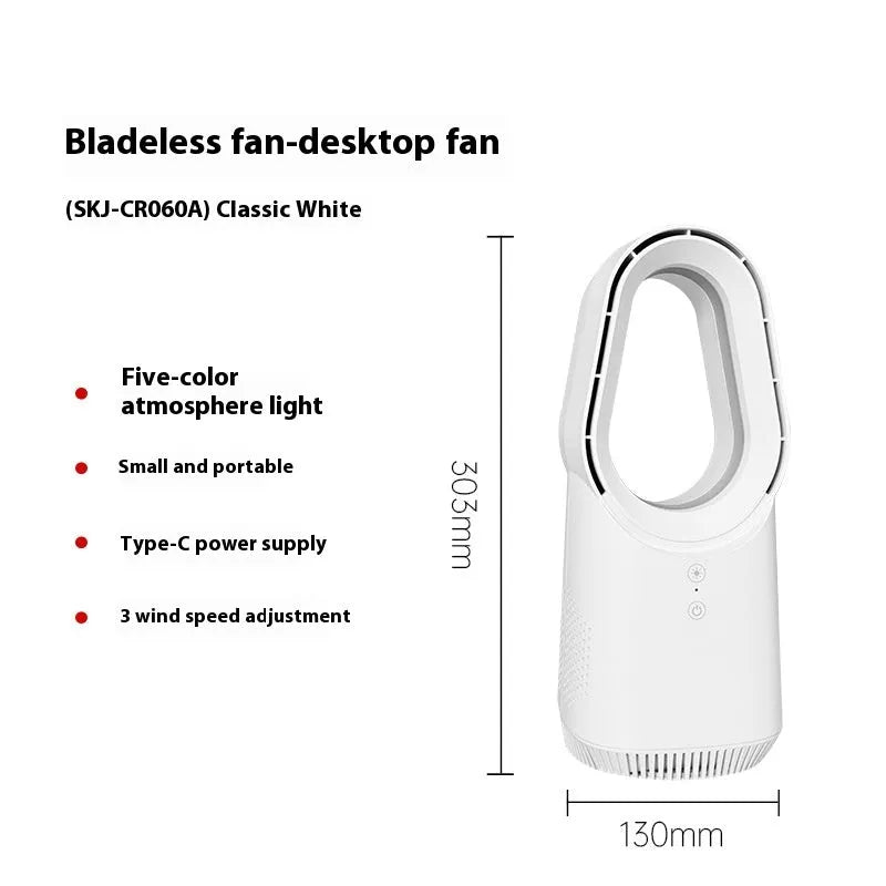 White bladeless tower fan with a slim design standing on a floor, showing a touch screen panel.