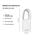 White bladeless tower fan with a slim design standing on a floor, showing a touch screen panel.