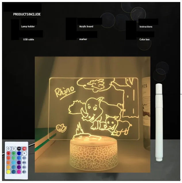 3D acrylic message board lamp with black crack base displaying handwritten text and glowing with multi-colour LED light