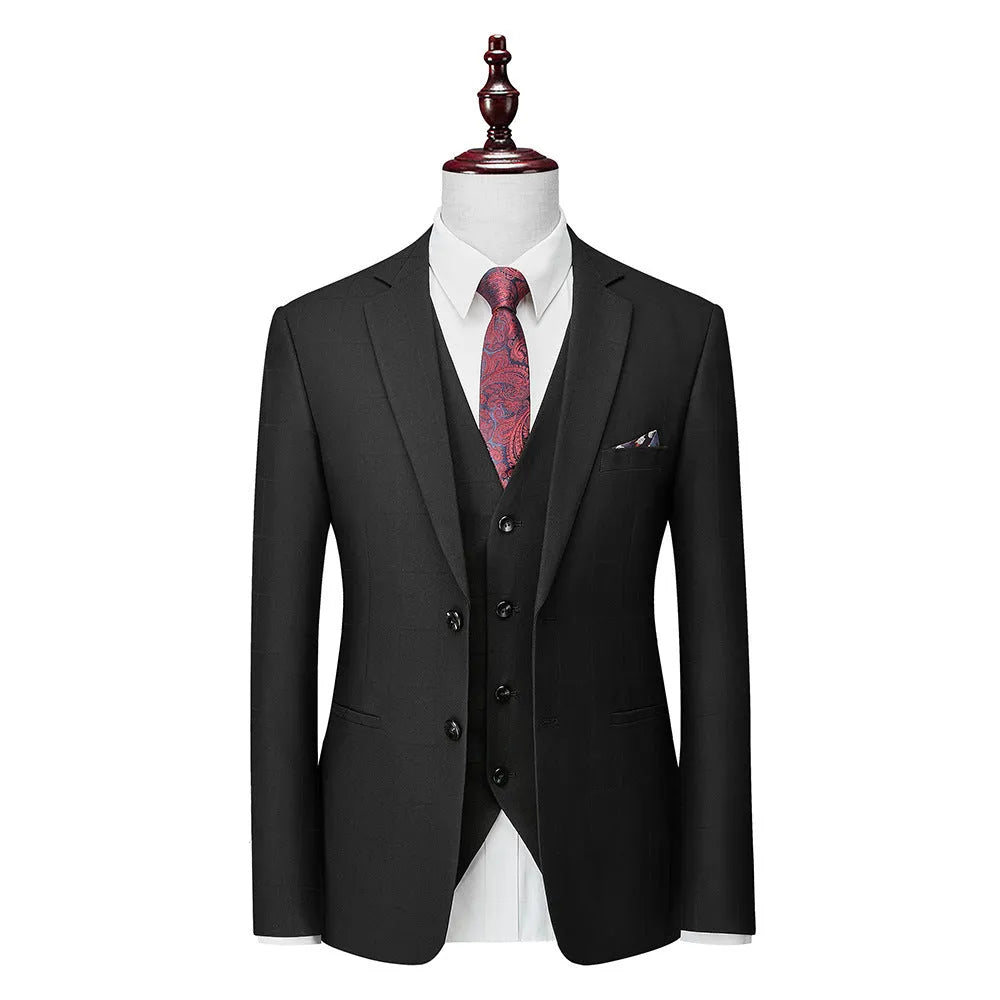 Men's navy blue plaid three-piece slim fit business casual suit with vest