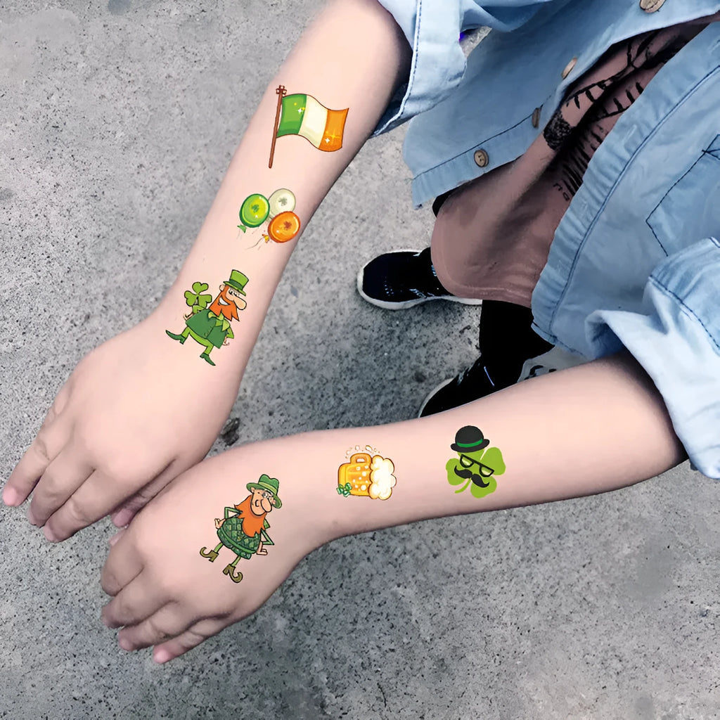 Tattoo sticker paper with St. Patrick's Day shamrock and Irish flag designs measuring 120×75mm