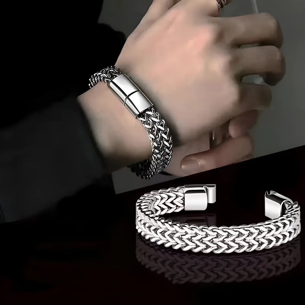 Silver geometric stainless steel men's bracelet showing front and back design details