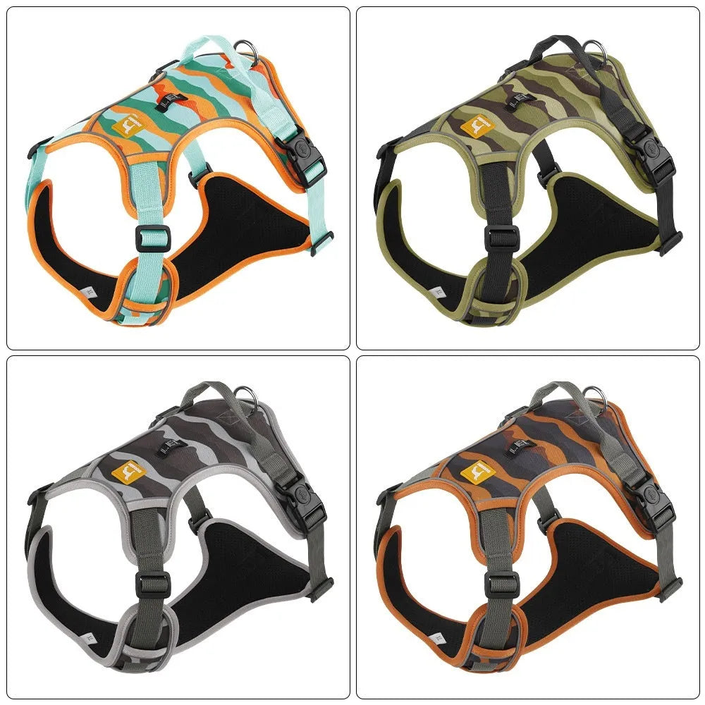 Orange oxford cloth dog walking rope with reflective strips and a handle, fitted on a dog's chest and back.