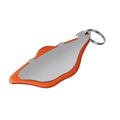 Black and orange metal mountain bike disc brake linings with adjustment flap on a neutral background.
