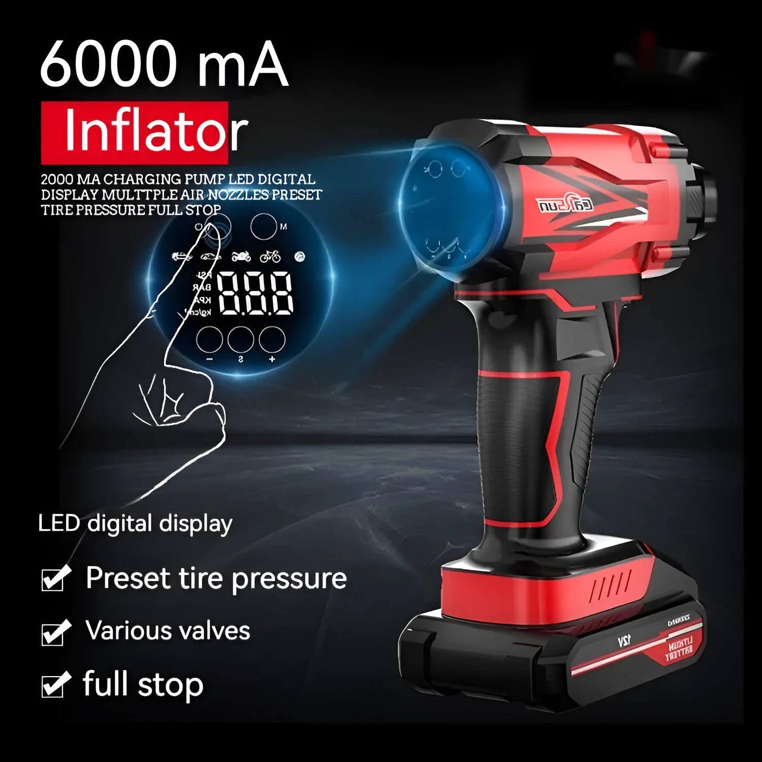 Red and black portable car air pump with digital display, power cable, and set of inflation nozzles on a grey background.