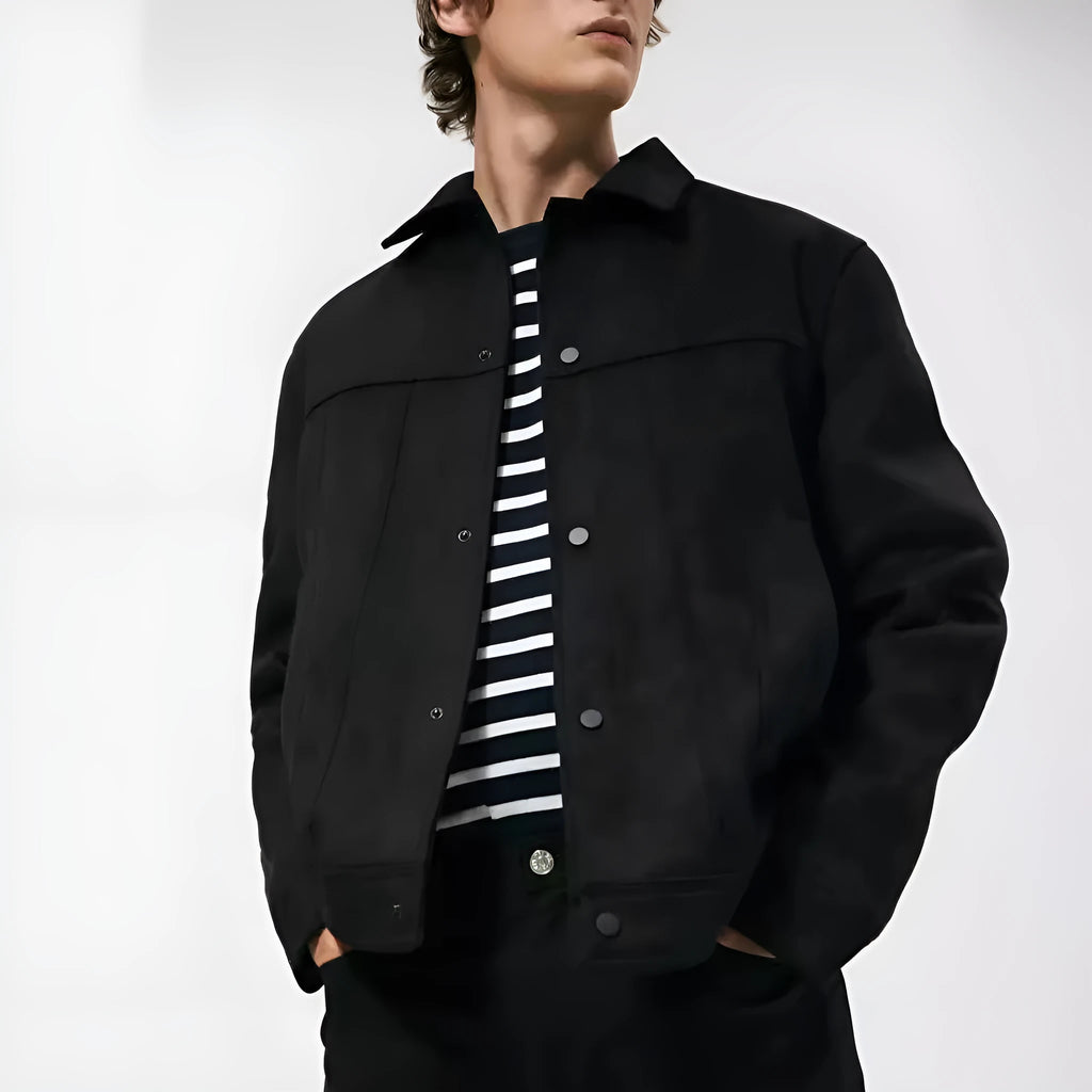 Black men's hooded jacket with a suede collar and side pockets, shown on a hanger.