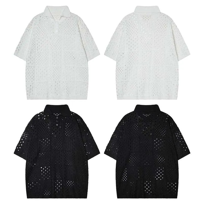Men's black short-sleeved polo shirt with loose fit and cardigan style on hanger