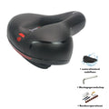 Bicycle saddle cushion with silicone gel insert, waterproof PU leather cover, steel bow frame, and included wrench and tire patch kit