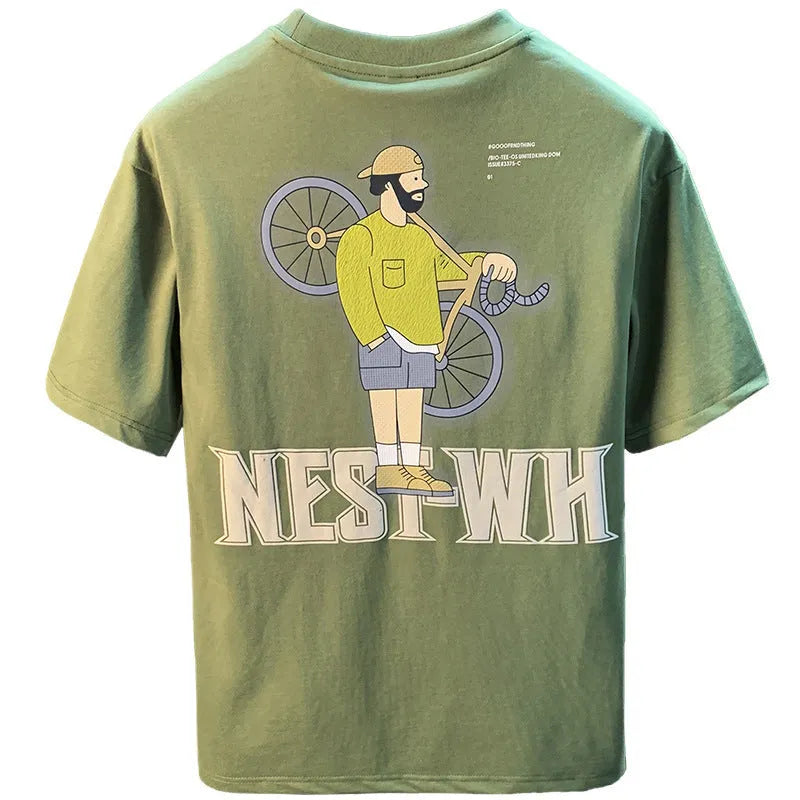 Green men's oversized t-shirt with a printed graphic design and short sleeves on a hanger