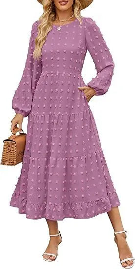 Women's autumn long sleeve dress with high waist and ruffled sleeves in solid colour