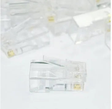 White network modular plug with gold-plated three-fork contacts for RJ45 connections