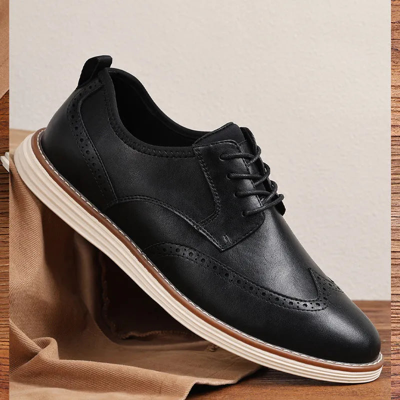 Men's black and brown slip-on business casual shoes with PU upper and carved detailing