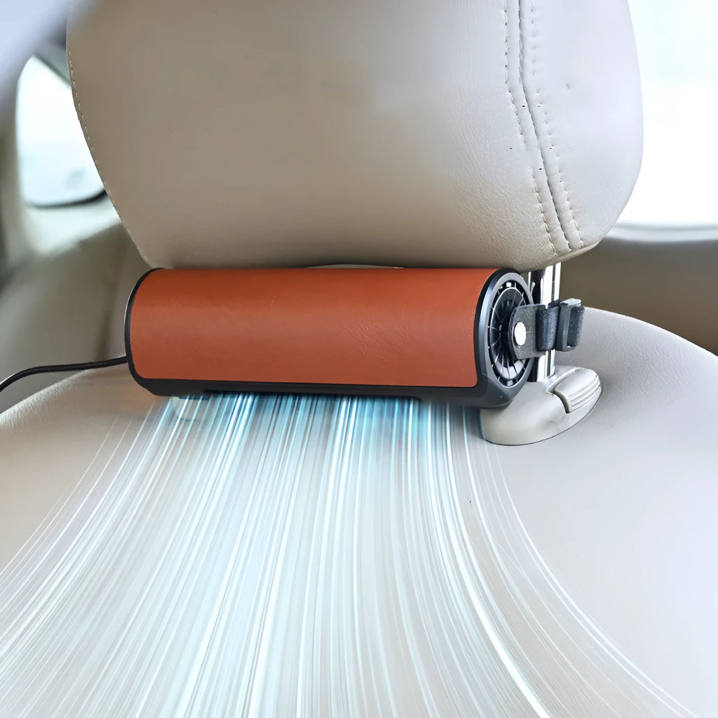 USB plug car rear seat fan with 1.5 metre cable in black, brown, or red colour options