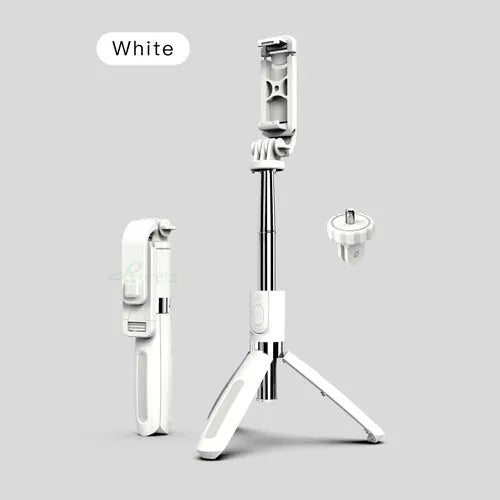 Black stainless steel Bluetooth selfie stick tripod extended with phone attached, showing wireless remote.