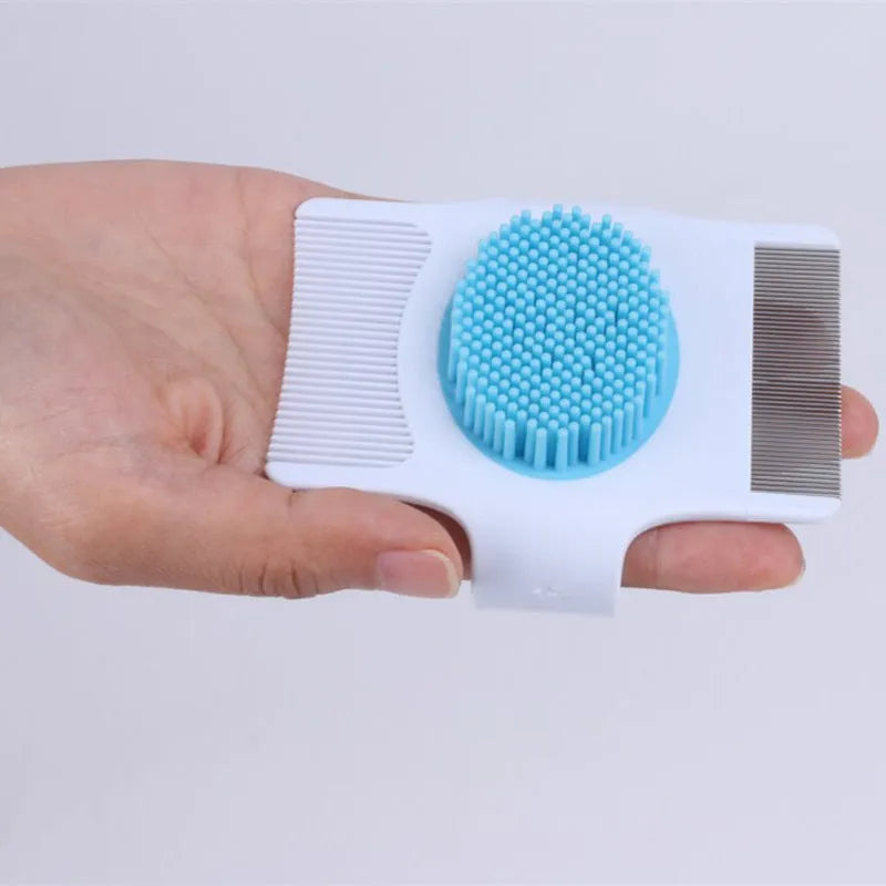 Blue multifunctional pet grooming comb with floating hair removal and massage features measuring 8.5 by 7.5 cm