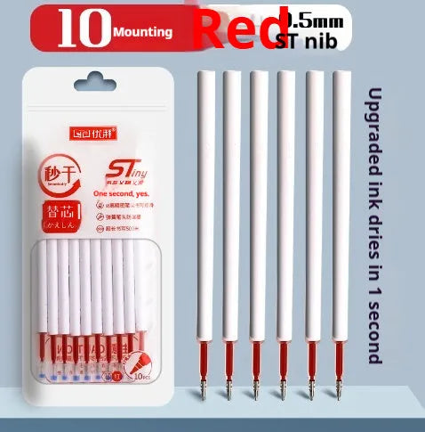 Pack of 10 quick-dry bullet pen refills in black, blue, red, and ink blue colours.