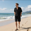 Linen blend beach suit with short sleeve shirt and matching shorts in breathable fabric