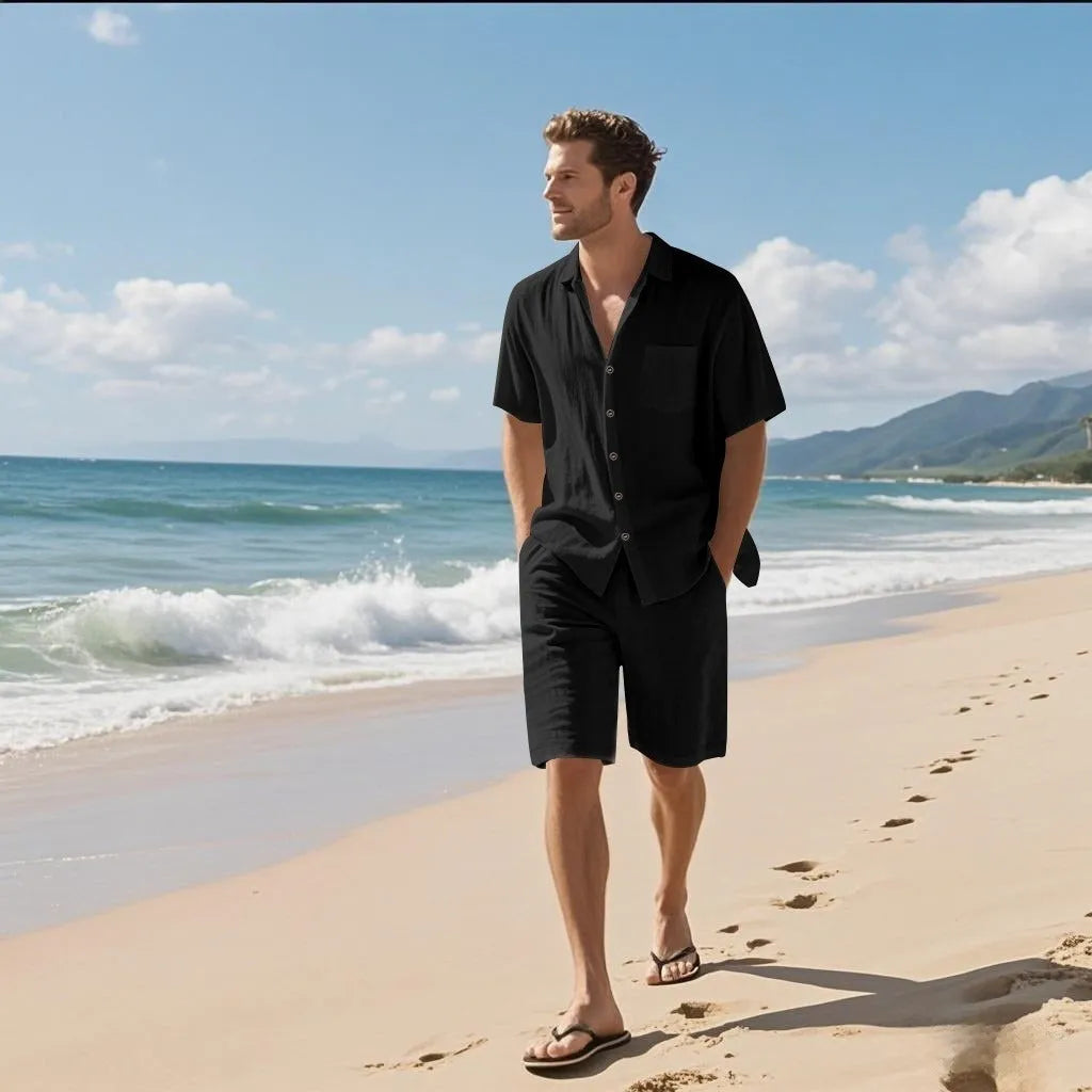 Linen blend beach suit with short sleeve shirt and matching shorts in breathable fabric