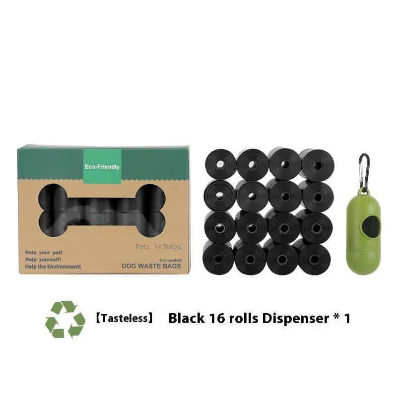 Rolls of green, black, blue, purple, and orange EPI degradable pet poo bags with a plastic dispenser.