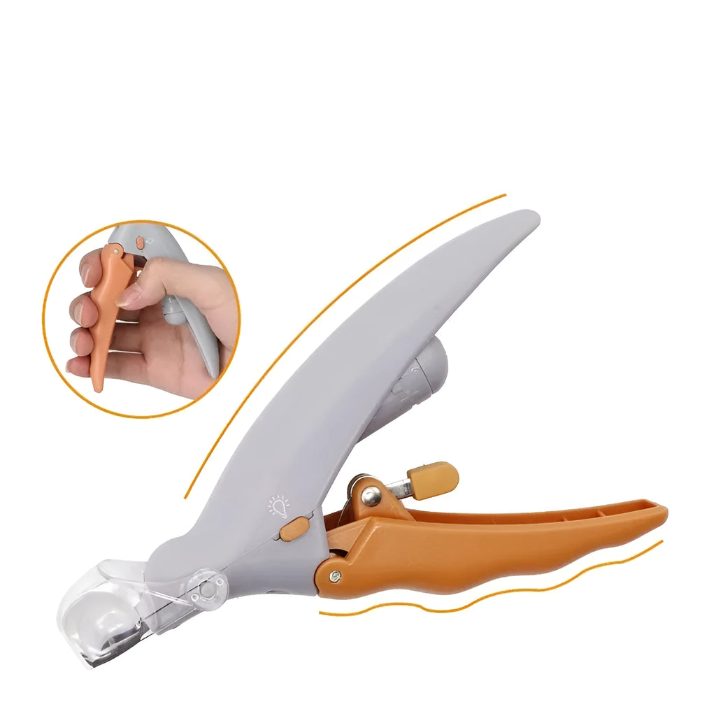 Yellow pet nail clipper with LED light and magnifier for dog and cat grooming