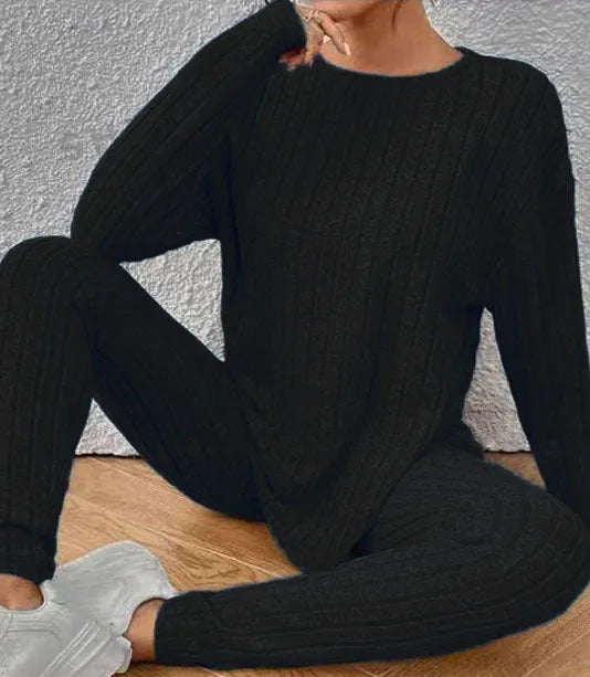 Sunken stripe two-piece homewear set in black or blue with matching pants and top for exercise