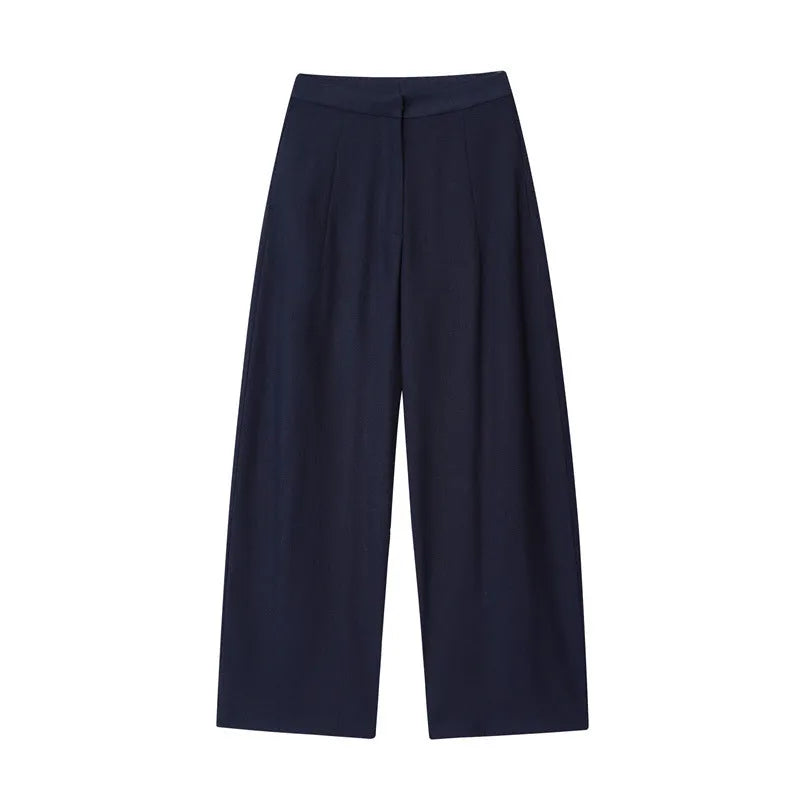 Women's linen blend blouse with flounce sleeves and matching wide-leg trousers coordinated set