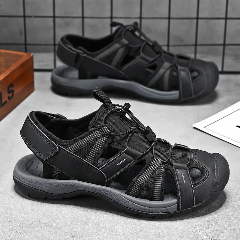 Men's blue casual sports shoe with Velcro straps and a breathable mesh upper on a rubber sole.