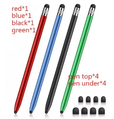 Universal metal touch screen stylus pen in various colours on a tablet.