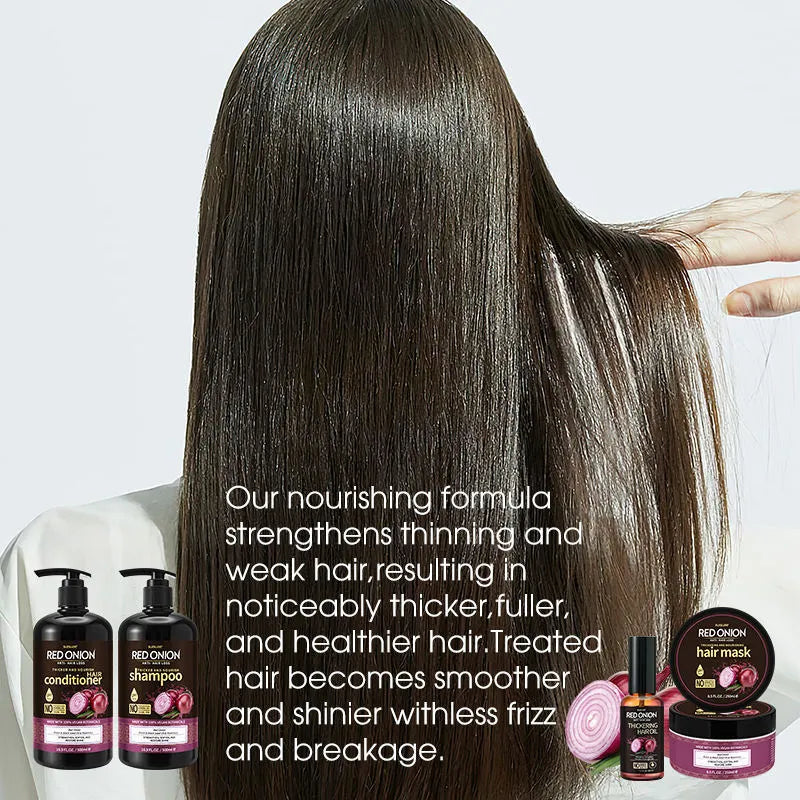 Red Onion Shampoo Conditioner 4-piece set showing shampoo, conditioner, hair mask and essential oil bottles.