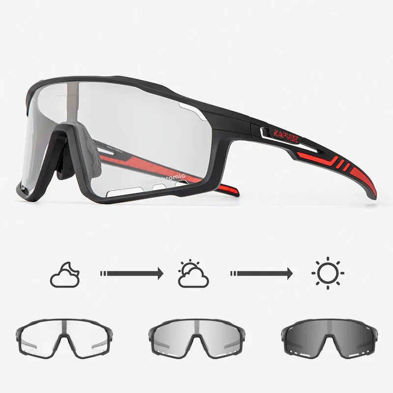 Photochromic cycling sunglasses with a semi-rimless TR90 frame in one of fourteen colour options.