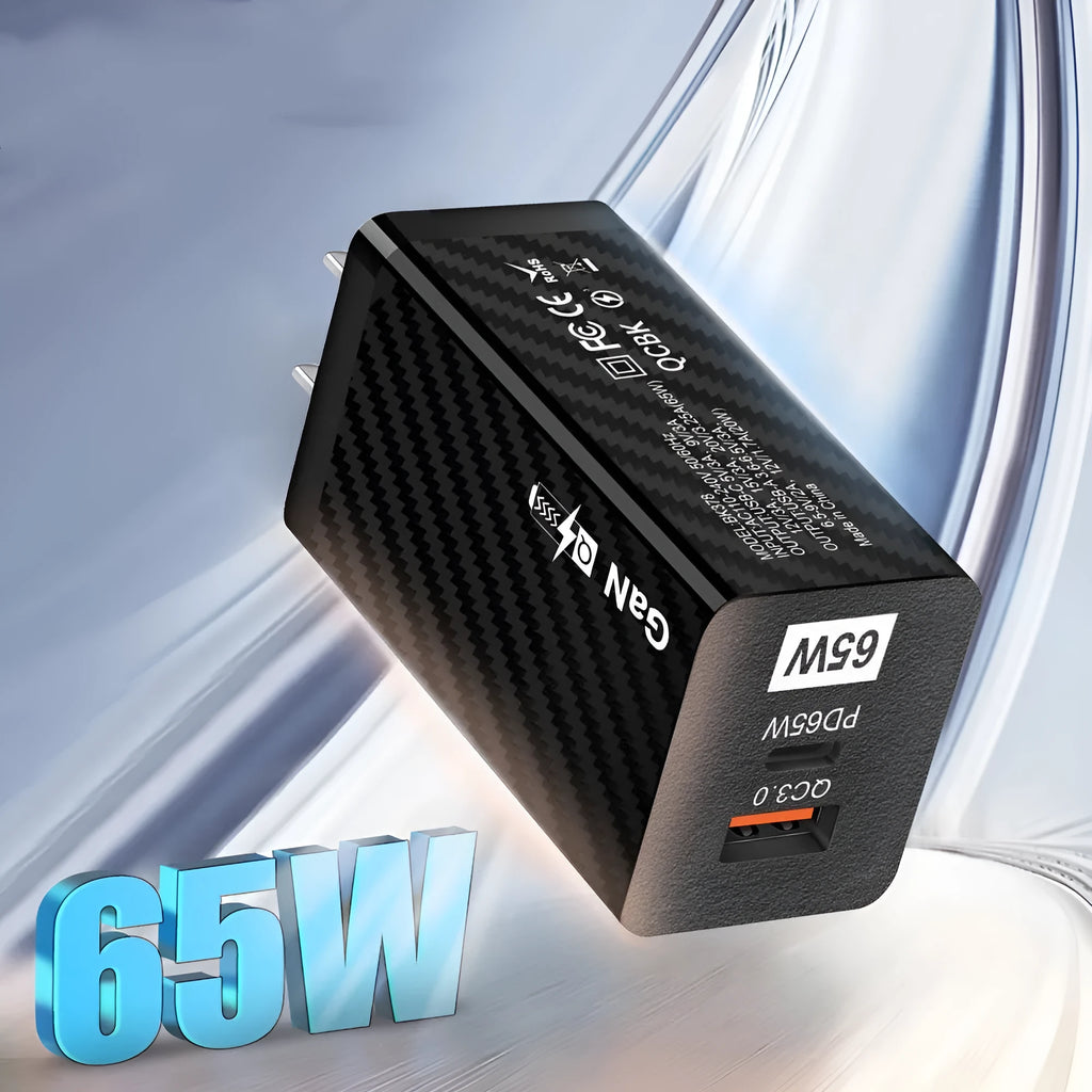 Gallium Nitride 65W laptop charger in black or white with compact dimensions and multiple electrical plug options