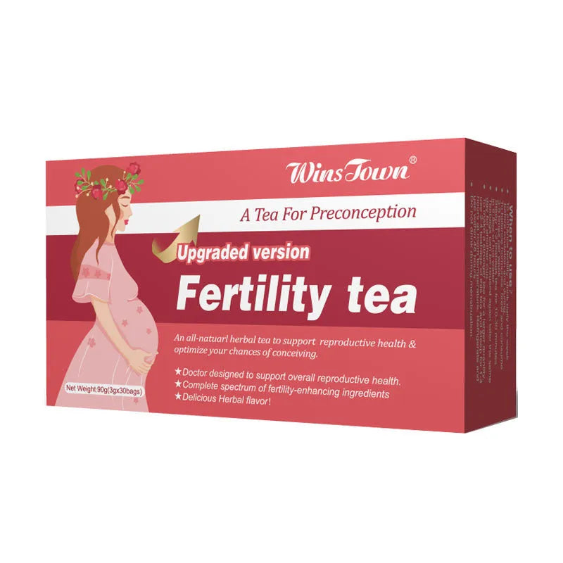 Fertility tea box containing 3 sets of 30 herbal tea bags for women's reproductive wellness support