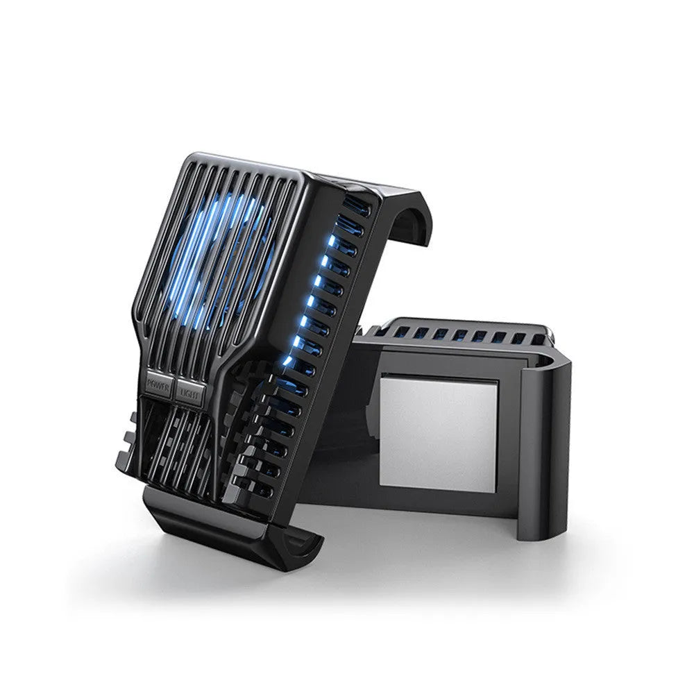 Black clip-on mobile phone cooling radiator fan with aluminium blades, shown next to a data cable.