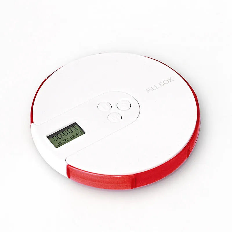 7-compartment alarm clock pill dispenser in multiple colours showing timer display and storage sections.