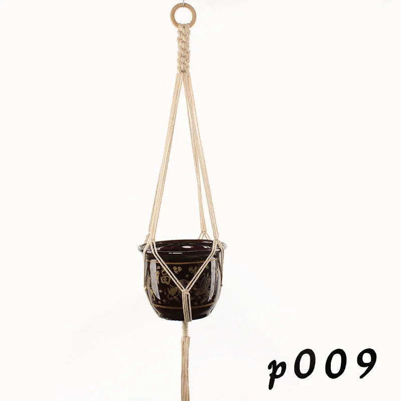Cotton rope woven wire plant basket shown in desktop, wall hanging, and hanging basin styles.