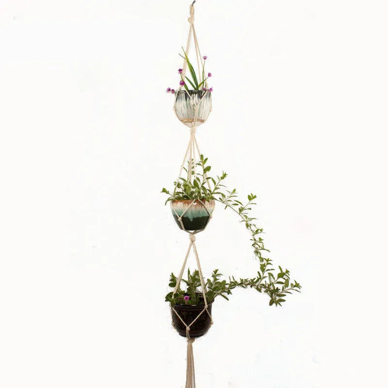Cotton rope woven wire plant basket shown in desktop, wall hanging, and hanging basin styles.