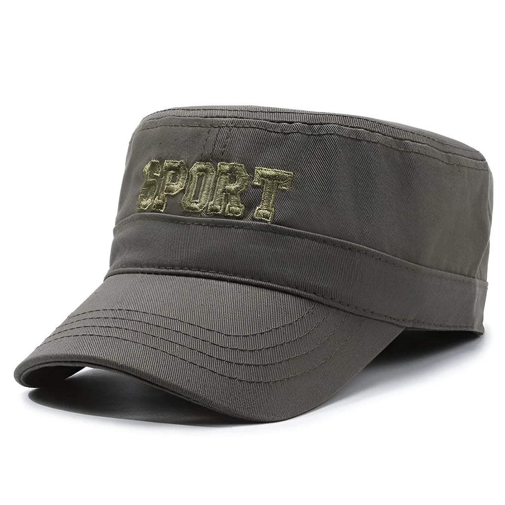 Men's flat-top peaked cotton cap in army green with adjustable strap and English lettering.