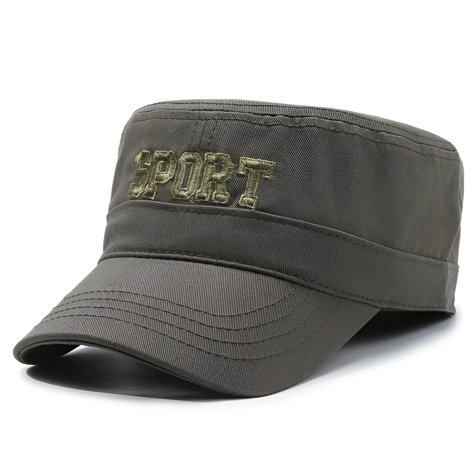 Men's flat-top peaked cotton cap in army green with adjustable strap and English lettering.