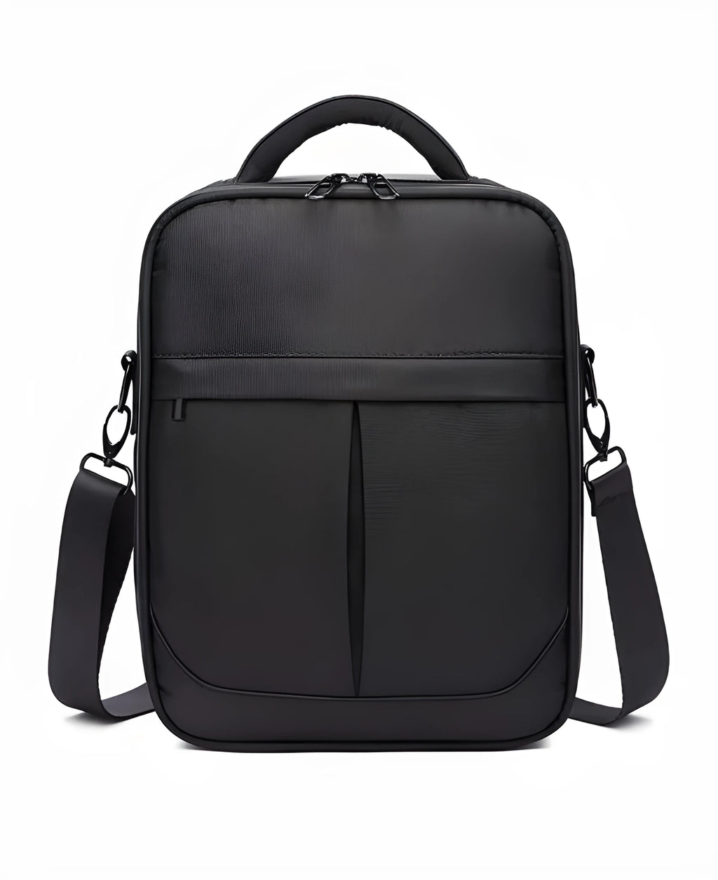 Black Oxford fabric men's messenger shoulder bag showing front view.