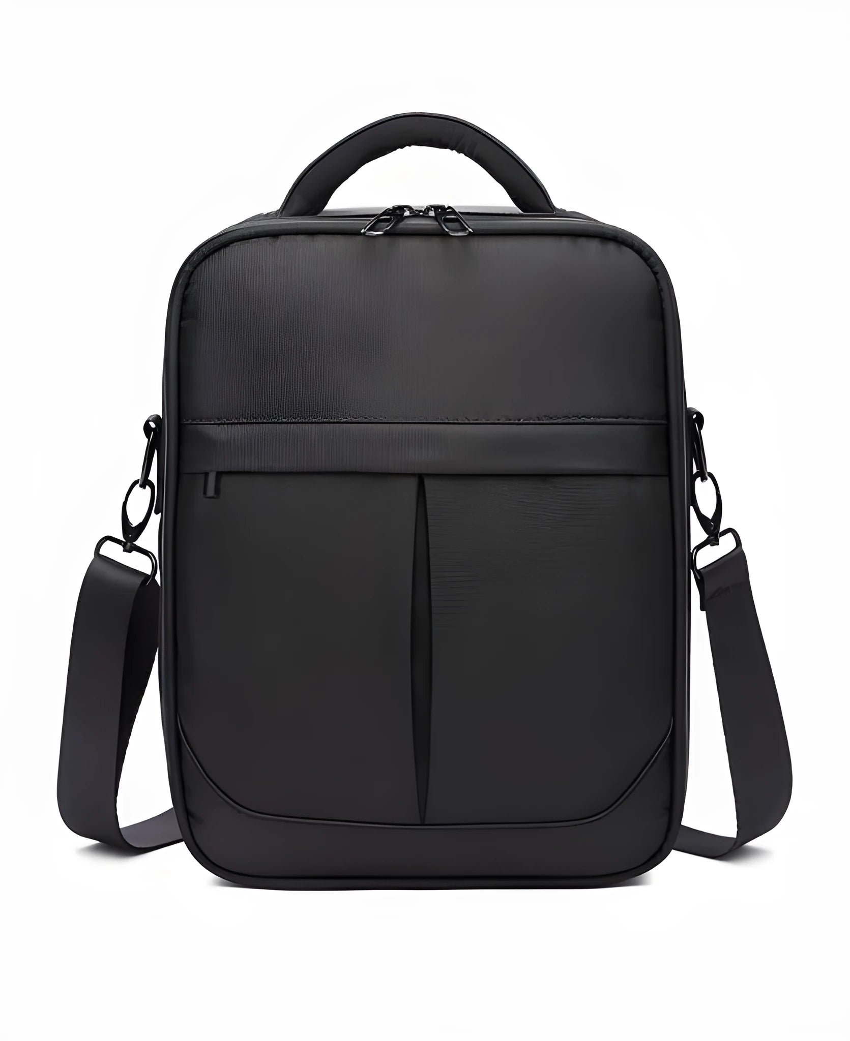 Black Oxford fabric men's messenger shoulder bag showing front view.