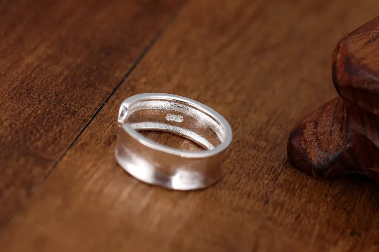 Geometric adjustable open ring with frosted silver electroplated finish