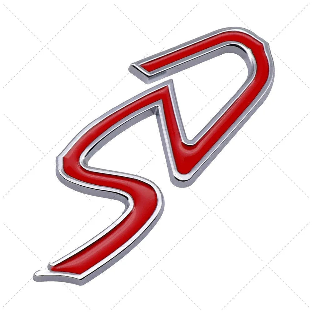 Red and silver metal car sticker with SD design for bumper application.