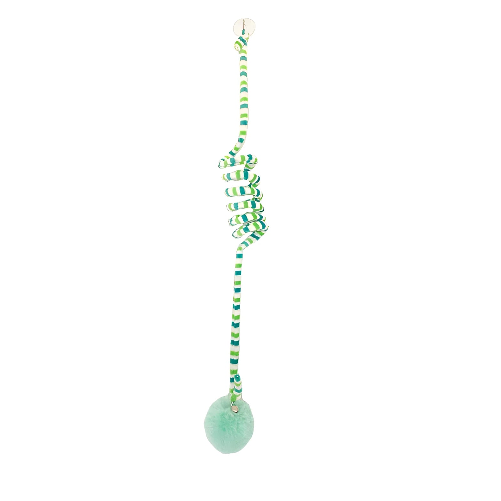 Hanging cat toy with inflatable ball on spring stick and suction cup base for kittens